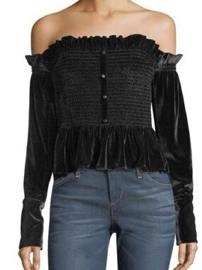 Whimsigoth Regency Victorian Off Shoulder Blaine Smocked Black Velvet Blouse L